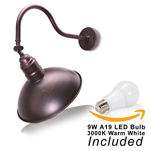 14″ Bronze Barn Light Fixture with Adjustable 19 3/4″ Gooseneck Arm and 9W A19 LED Bulb Included – 800 lumens – Indoor/Outdoor Use – Sign Lighting – LED Wall Lamps (3000K Warm White)