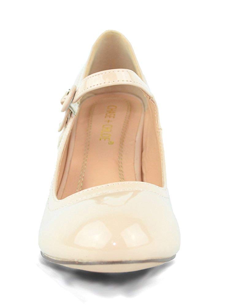 Chase & Chloe Kimmy-21 Women's Round Toe Pierced Mid Heel Mary Jane Style Dress Pumps Nude Patent 7.5 - Image 4