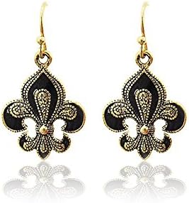 Antiqued Gold Fleur-de-lis Drop Earrings with Black Enamel [Nickel-Free]