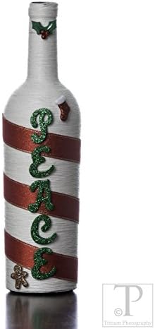 Home decor, hand wrapped, wine bottle, candy cane, red, white thread, Christmas, winter, ribbon, peace, holly, gingerbread, stocking, green, glitter, centerpiece, mantle piece, fireplace, decoration