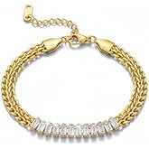 18K Gold Plated Chain Bracelet for Women – Adjustable Layered Link Bracelet in Stainless Steel with Zircon Crystals – Dainty Chunky Gold Jewelry – Fashion Accessories Gift for Her, Wife, Mom