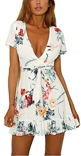 Vaniglia Siyinfushi Women Floral Print Sleeve Sexy Deep V-Neck Tunic Top Casual Mini Dress（1812-bai-XL）