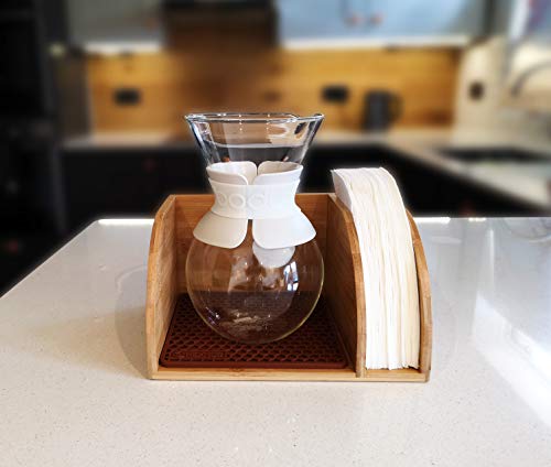 Hexnub Coffee Organizer Stand for Chemex, Bodum and Coffee Gator filtered Coffee Makers Premium Bamboo Caddy Station Holds Pour over Coffee Maker and Filters with Brown Dripper Mat