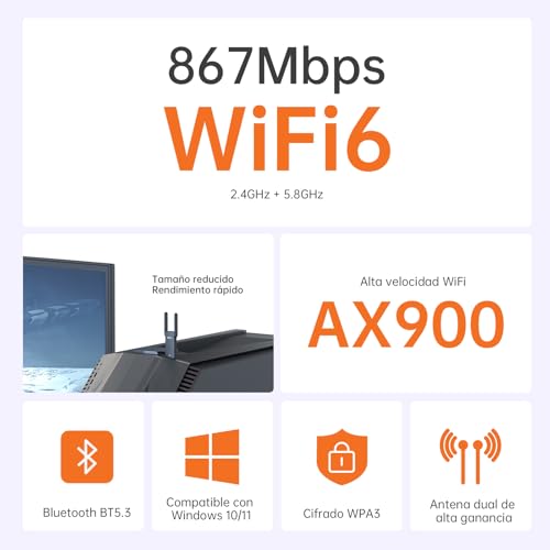 2 in 1 WiFi 6 AX900 + BT5.4 Bluetooth USB WiFi Adapter for PC, Dual Band 5GHz/2.4GHz WiFi Antenna, WPA3 Security, Simple Setup, Built-in Controller for Windows 10/11