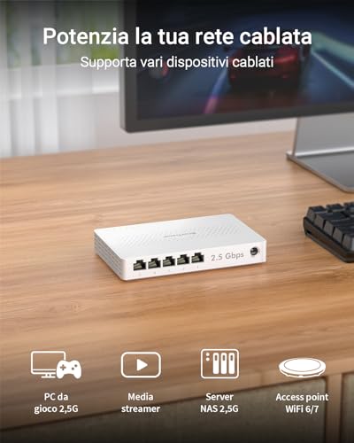 BrosTrend 2.5GB Ethernet Switch 5 Ports, Unmanaged Switch Ethernet 2.5 Gigabit, 2.5G Hub Splitter, Plug and Play, Fanless, Ideal for Home/Soho Network, Desktop or Wall, Lifetime Warranty