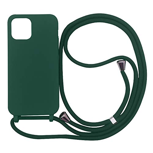 PuYu Zhe Compatible With iPhone 12/12 Pro Case,Soft Matte Silicone TPU Crossbody Cover with Adjustable Neck Cord Lanyard Strap,Slim Stylish Shockproof Lanyard Case-Dark Green