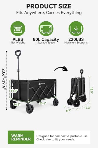 Hikenture Collapsible Wagon Cart with Wheels, 220 lbs Foldable Wagon | 9 lbs Lightweight Portable Utility cart, All Terrain Folding Wagon for Grocery Shopping, Garden, Sports, Camping, Daily Use