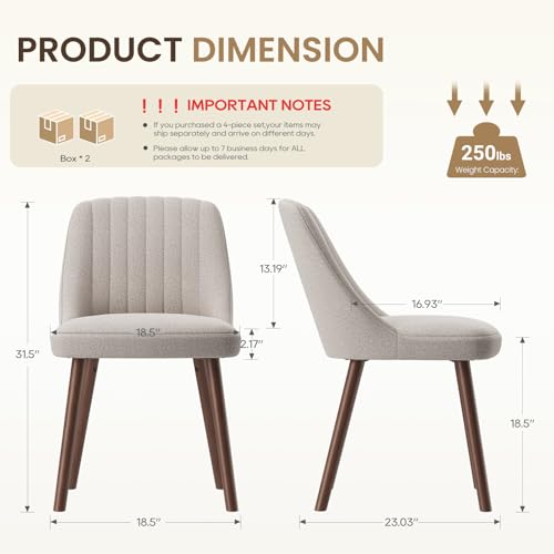 MALOL UPHOLSTERED DINING CHAIRS SET OF 4, MODERN FABRIC KITCHEN CHAIRS WITH BACK, WOOD LEGS FOR KITCHEN DINING ROOM RESTAURANT, CAMEL
