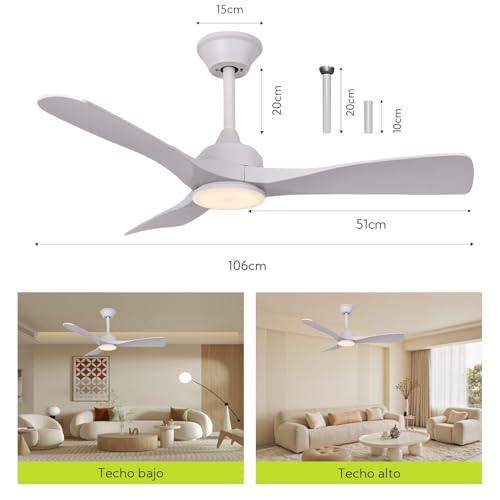 Ventilador de Techo con Luz y Mando a Distancia 106cm, Motor DC Silencioso, 3 Aspas plástico Blanco, Plafón LED Regulable 3 Tonos, Ventilador Moderno de Bajo Consumo, Blanco