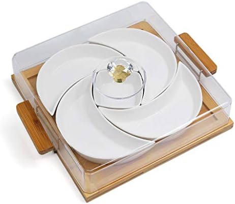 Mai tray Fruit Plate, Grid Ceramic Nut Platter Square Snack Candy Melon Seeds Dried Fruit Box Combination (color : Wooden handle)