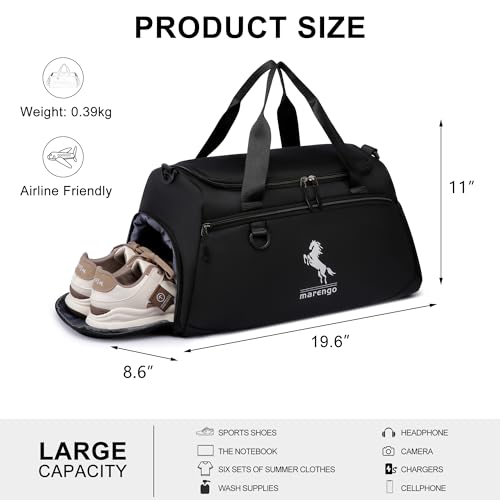 Marengo Durable Gym Bag with Wet Shoes Compartment Lightweight Travel Bags for Men Women Waterproof Duffle Bag for Carryon Overnight Weekend Getaway Sports Yoga Mommy Maternity Hospital Black