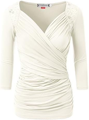 VIVALACE Womens Lace Sleeve V Neck Unique Rayon Tee White, Medium