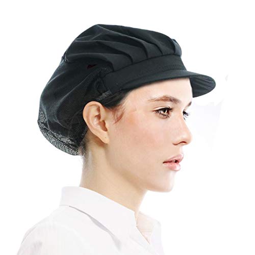 Adjustable Chef Cap Elastic Cooking Hat Food Service Hair Nets Mesh Kitchen Net Reusable Restaurant Bouffant (Large, Brim Black)