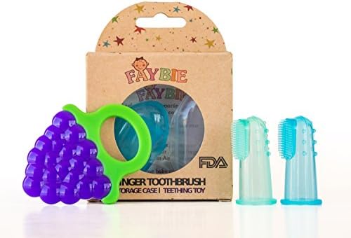 Faybie Baby Finger Toothbrushes - 2 Count Blue and Green Plus Grape Teething Toy -SOOTHES SORE TEETHING GUMS