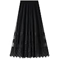 Sigdio Women Midi Skirt Elastic High Waist Lace Tulle Skirt Pleated Skirt