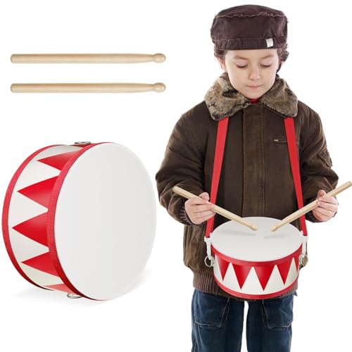 TERRIFI Kids Wooden Drum Set - 7.87 Inch Educational Toy with Adjustable Strap, 2 Drumsticks, Sensory Musical Instrument, Ideal for Toddlers and Babies, Gift