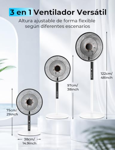 Ventilador de Pie, 22W, 9 Velocidades y 4 Modos, Temporizador 9h, Oscilante 90°, Altura Ajustable, Ventilador de Pie Silencioso con Pantalla LED y Mando a Distancia, para Dormitorio, Salón, Oficina