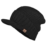 Janey&Rubbins Men‘s Stylish Knit Visor Brim Beanie Hats Fleece Lined Skull Ski Caps (Black)