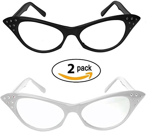 Cat Eye Glasses with Rhinestones - 50's 60's Retro glasses (2 Pack) (Black &amp; White Cat Eye Glasses)