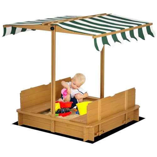 Outsunny Kids Wooden Sandbox w/Adjustable, retractible Canopy & Foldable Bench Seats for 3-7 Years Old, Light Brown