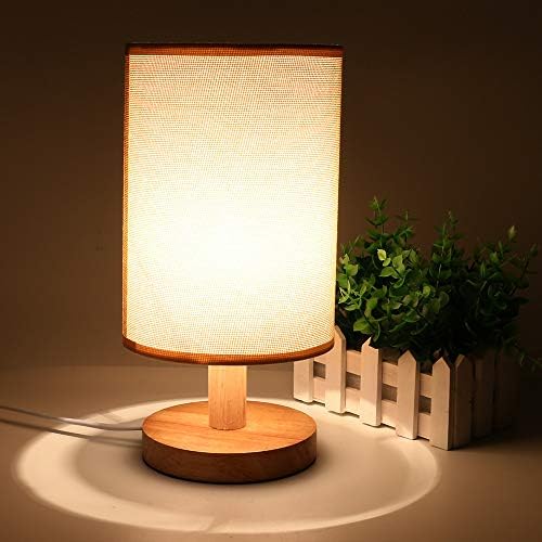 XINDEEK Clearance Wood Table Lamp Bedside Desk Lamp with Round Flaxen Fabric Shade for Bedroom Home Reading (White)
