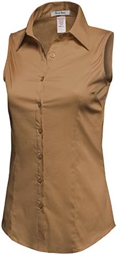 REVENINE Women's Basic Collar Button Down Vest Shirts (Plus Size Available) Small Khaki