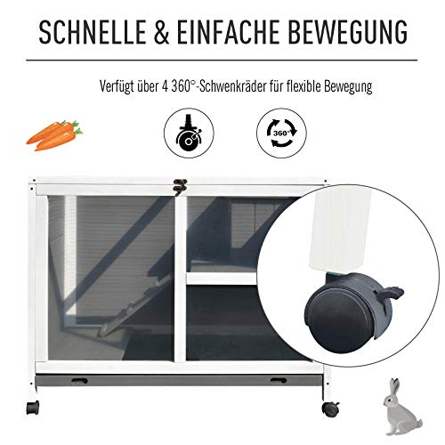 PawHut Kaninchenstall aus Holz Hasenstall mit 2 Etagen Freilaufgehege Rädern Klappdach Rampe Tablett, Winterfest Meerschweinchenstall Kleintierstall Kaninchenkäfig für Innen, 91,5 x 53,3 x 73 cm Grau – Bild 6