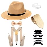 Men's Roaring 1920s Set Manhattan Fedora Hat,Y-Back Suspenders & Pre Tied Bow Tie, Gangster Tie & Fake Mustache (OneSize, Champagne Hat & Champagne Suspenders)