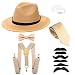 Men's Roaring 1920s Set Manhattan Fedora Hat,Y-Back Suspenders & Pre Tied Bow Tie, Gangster Tie & Fake Mustache (OneSize, Champagne Hat & Champagne Suspenders)