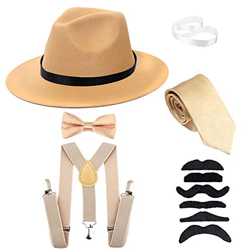 Men's Roaring 1920s Set Manhattan Fedora Hat,Y-Back Suspenders & Pre Tied Bow Tie, Gangster Tie & Fake Mustache (OneSize, Champagne Hat & Champagne Suspenders)