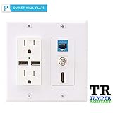 Hdmi USB Outlet Charger Wall Plate,2 Power Outlet 15A with Dual 2.1A USB Charger Port,PHIZLI 1 HDMI HDTV + 1 CAT6 RJ45 Ethernet + Coaxial Cable TV F Type Keystone Face Plate White
