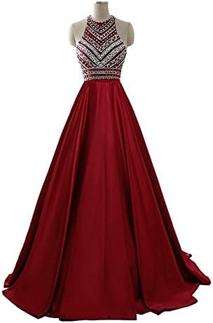 Himoda Women's Two Pieces Beaded Evening Gowns Satin Sequined Prom Dresses Long H052 4 1piece-Burgundy