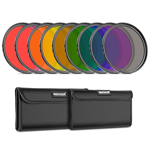 NEEWER Kit de Filtres d'Objectif Couleur(9PCS), Filtres d'Objectif en Résine 58mm(Rouge, Orange, Bleu, Jaune, Vert, Marron, Violet, Rose, Gris) avec 2 Pochettes, Accessoires pour Objectifs de Caméra