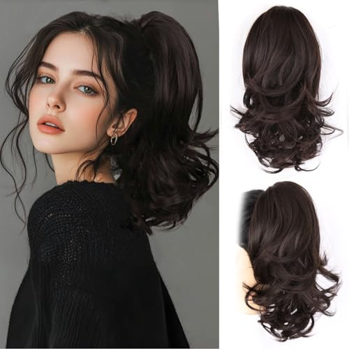 Photo 1 of ZQIAN BEAUTY Clip in Ponytail for Women - 14 Inch Curly Ponytail Extension, Wavy Pony Tails Hair Extensions, Synthetic Hair Extensions Ponytail, Natural Hair Pieces for Women (Color: Brown)
