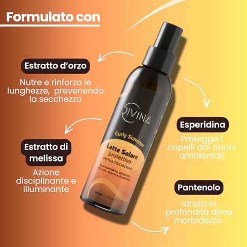 Divina BLK Curly Summer Sunscreen Leave-In Protection Sun Milk for Wavy, Curly and Super Curly Hair by Divina BLK with Hesperidin, Panthenol, Barley Extract and Lemon Balm (150ml)