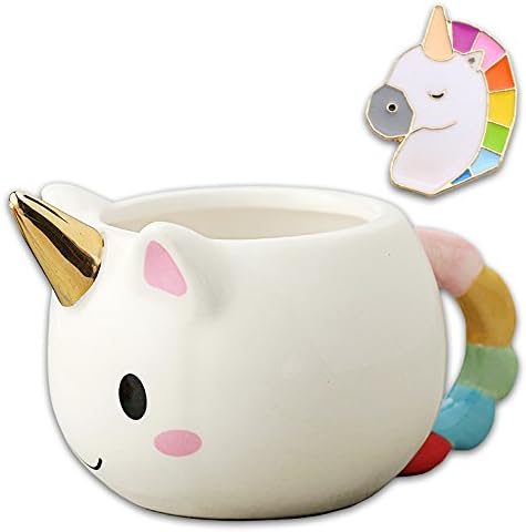 Unicorn Mug (Metallic Gold Horn), Large 12 oz. Version, Cute Cartoon Ceramic Coffee Mug with Bonus Unicorn Lapel Pin