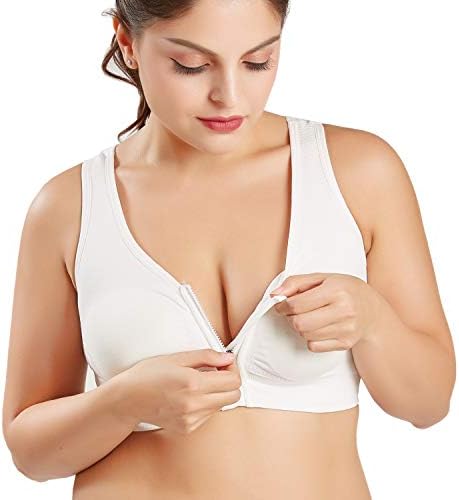 Women's Zip Front Sports Bra Wireless Post-Surgery Bra Active Yoga Sports Bra White