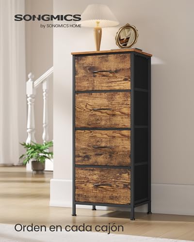 SONGMICS Cómoda, 4 Cajones de Tela, Acero, MDF, Tela no Tejida, para Dormitorio, Armario, Pasillo, Salón, Marrón Rústico y Negro Tinta MLGS314BH04
