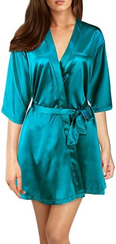 Mulysaa Women’s Oblique V-Neck 3/4 Sleeve Short Satin Bridesmaid Kimono Robes