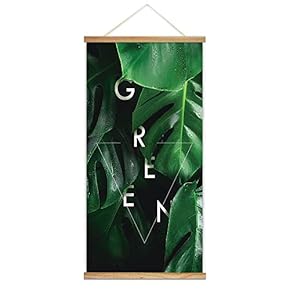 Hanging Poster Wooden Framed Green Plants Wide Leaves Theme Home Wall Canvas Prints Ready to Hang - 18"x36"