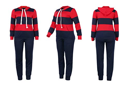 Women 2 Piece Sport Outfit Set Striped Long Sleeve Hoodie Sweatshirt Bodycon Pants Tracksuits Navy