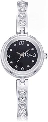 DISU Casual Diamond Women’s Watches Metal Bangle Bracelet Watch for Girls Rhinestone Arabic Dial DS018 Silver Black