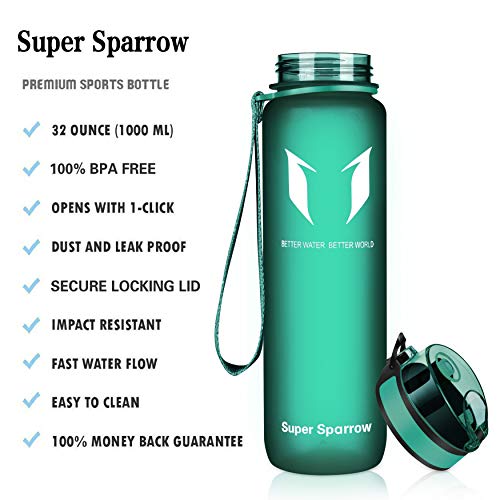 Super Sparrow Sports Water Bottle - 350ml-500ml-1000ml - Non-Toxic BPA Free & Eco-Friendly Tritan Co-Polyester Plastic - Fast Water Flow, Flip Top, Opens with 1-Click - (Forst Green, 1500ml-50oz) - Thumbnail 2