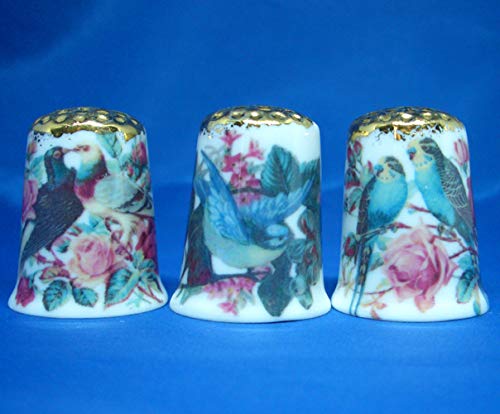 Porcelain China Collectable - Set of Three Thimbles - Gold Top Decoupage Birds