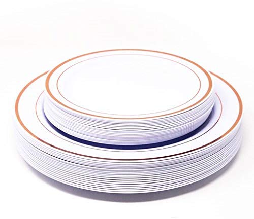 Feros Rose Gold Trim Disposable Plastic Plates | Porcelain Design | Premium Decorative Plasticware Special Occasions | 10.25" Dinner Plates - 7.5" Salad Plates - 60 Total