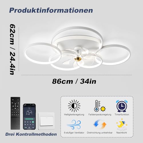 XSXUDODP Modern Ceiling Fan with Lights, LED Ceiling Light Dimmable Fan, 86 cm Lamp with Ceiling Fan for Living Room, Bedroom