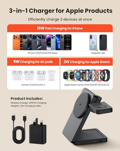 15W Fast Wireless Charging Station, GEEKERA 3 in 1 Magnetic Wireless Charger Stand for Apple Devices, Foldable Travel Charging Dock for iPhone 17 16 15 14 13 12, for Apple Watch & AirPods