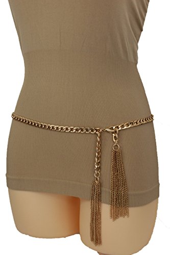 TFJ Women Fashion Belt Gold Metal Chain Links Hip High Waist Long Fringes M L