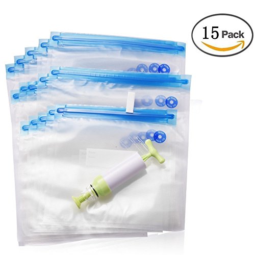 Uarter Sous Vide Bags Kit, 15 BPA Free Vacuum Sealer Bags (3 Sizes), 1 Hand Pump and 1 Sous Vide Bag Sealing Clip, Reusable, Easy to Use, Practical for Food Storage