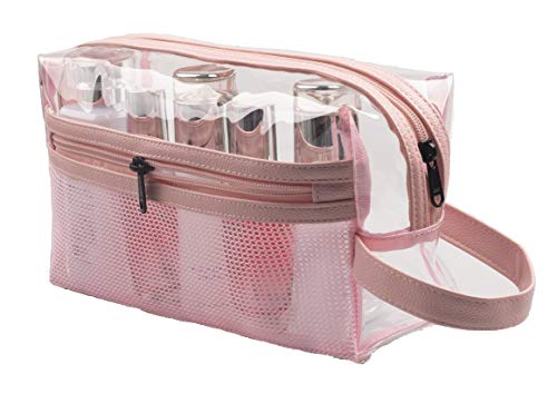 Heavy Duty Clear Toiletry Makeup Bags Transparent Shaving Bag Water Resistant Cosmetic Bag Organizer Pouch for Travel with Zipper and Handle (2 PCS PINK With Net Pocket)